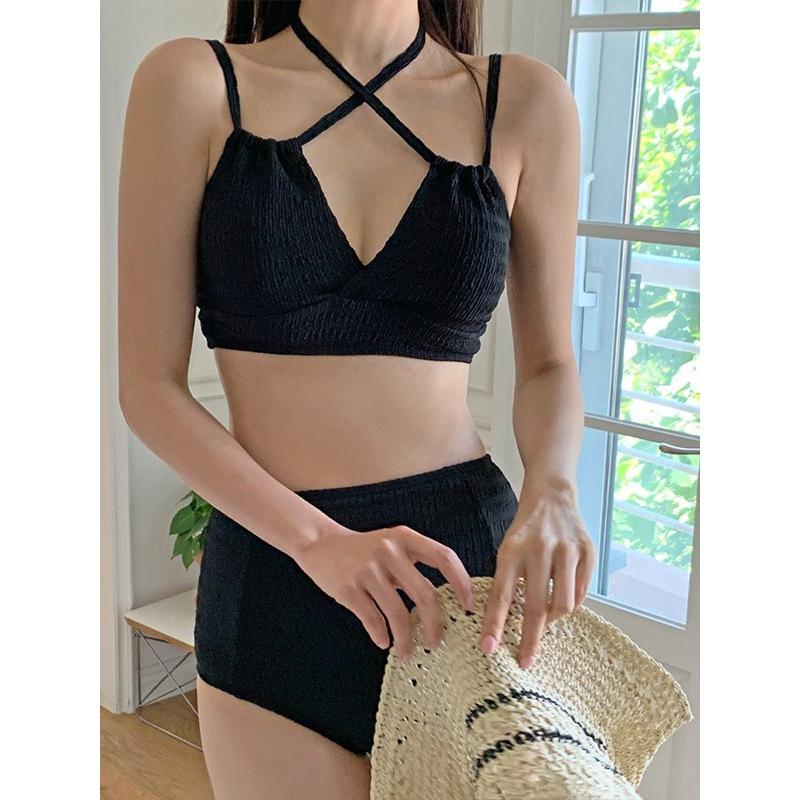Pure desire wind sweet girl high sense light luxury simple cross shoulder strap high waist cover conservative split swimsuit women