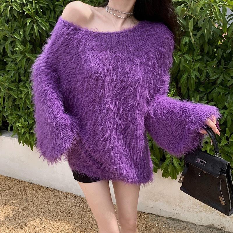 Dámský pletený svetr se svetrem s lodním límcem a volným svetrem z umělého norkového sametu