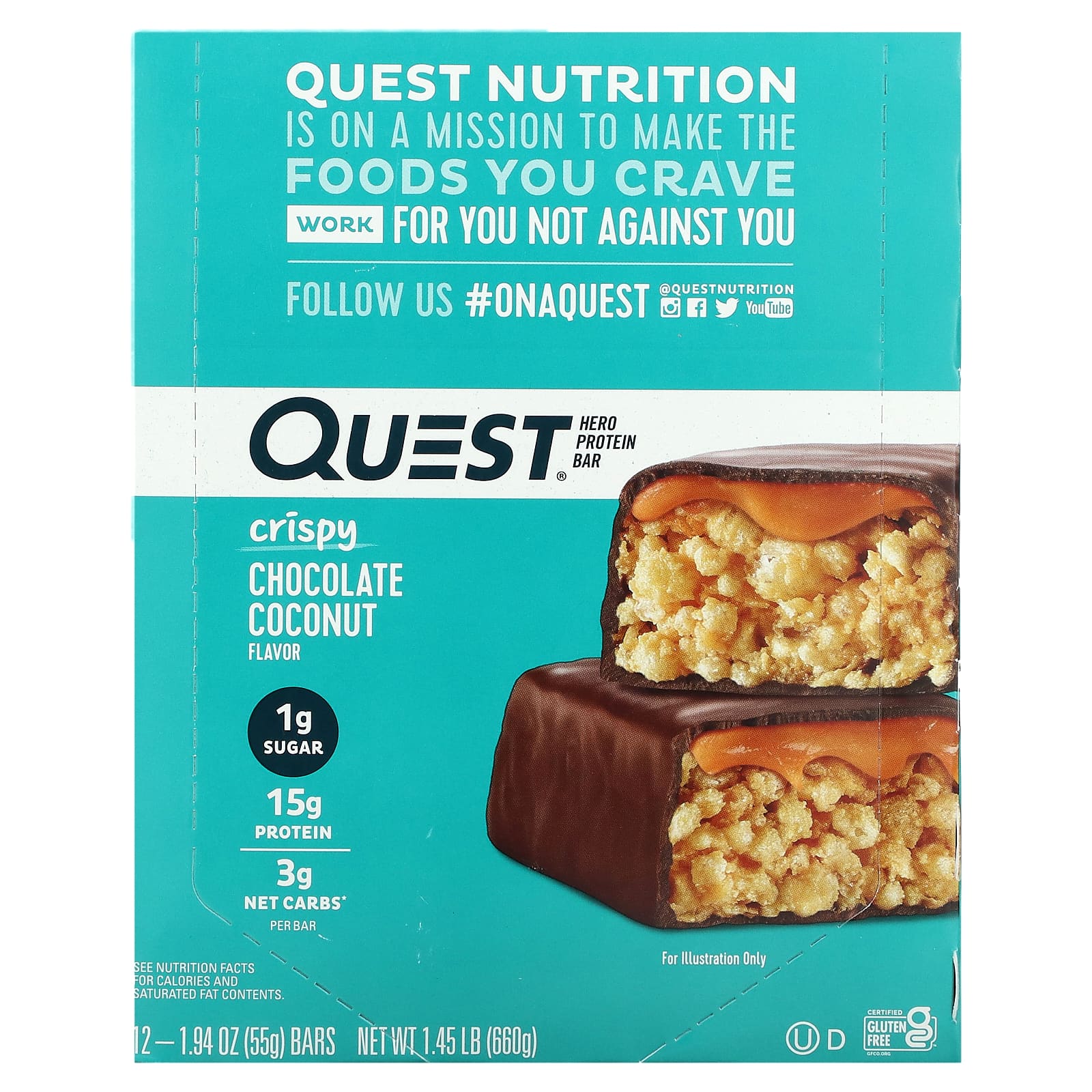 

Quest Nutrition, Hero Protein Bar, Krispy Chocolate Coconut, 12 bars, 55 g (1.94 oz) each