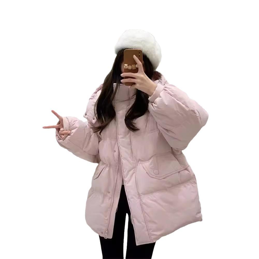 New counter high-end winter clothing hooded waist down jacket women's medium and long casual loose thickened white duck down