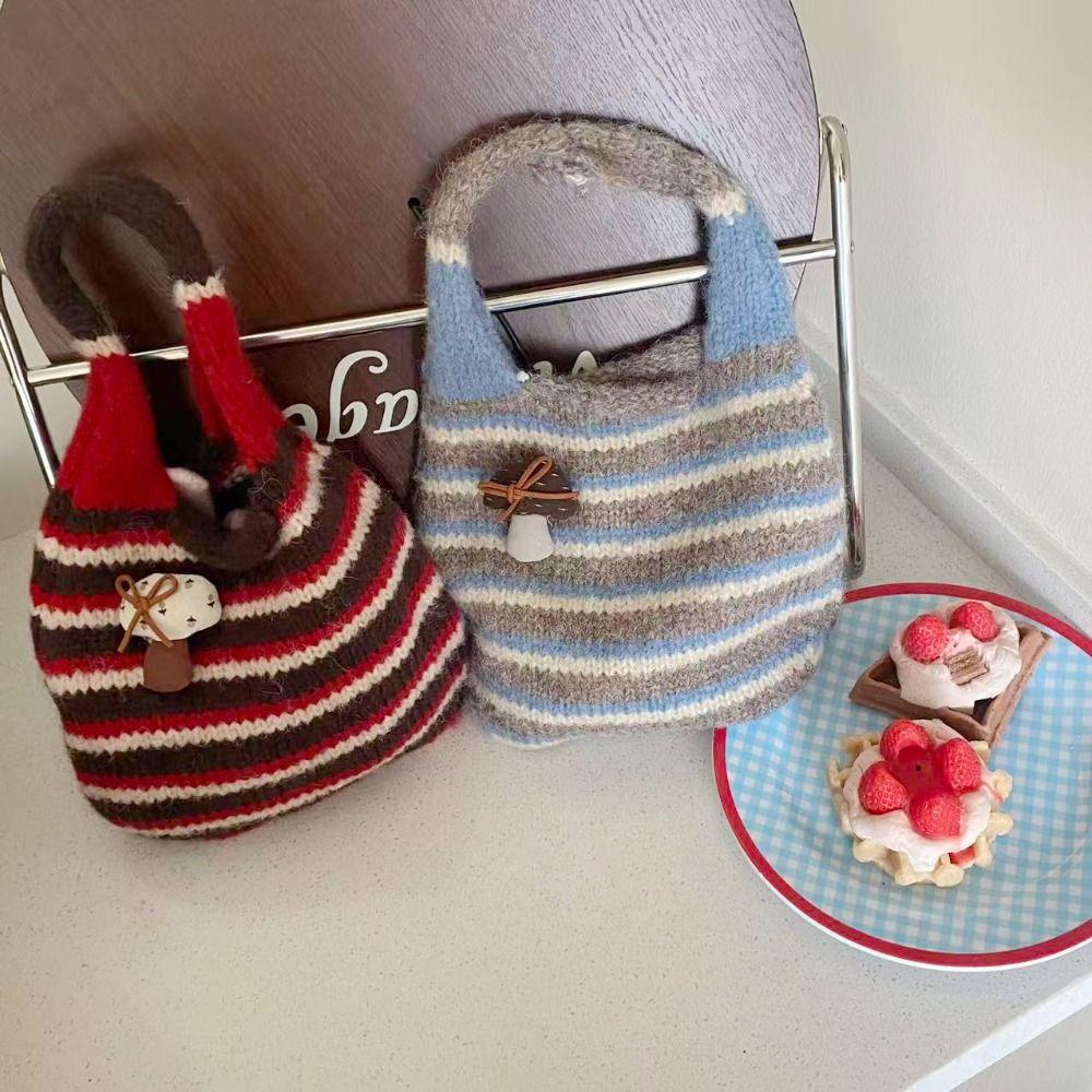Color-Block Knitted Wrist Bag Japanese Style Wool Bucket Bag Little Mushroom Handbag  Shopping Bag