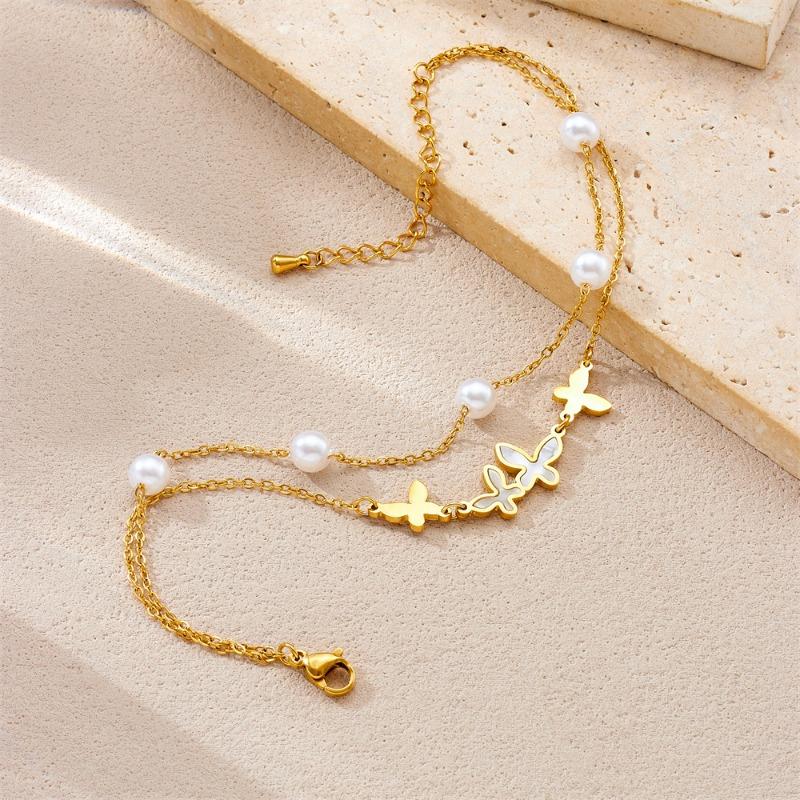 Gold Plated Butterfly Pearl Anklet for Women Double Layer Stainless Steel Foot Jewelry