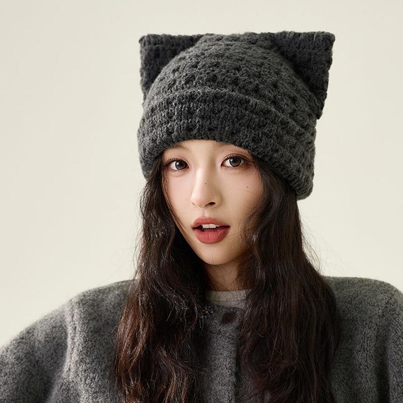Katzenohren Wollmütze Herbst Winter Großer Kopf Warm Ohrenschutz Strickmütze