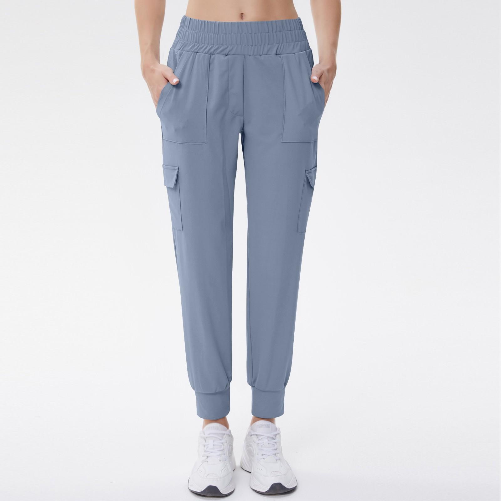 

Женские однотонные повседневные брюки с высокой талией, свободные, для похудения, для фитнеса, эластичные, для йоги, с карманами, длинные брюки XL небесно-голубой