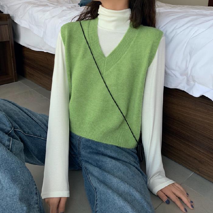 Damen Strick V-Ausschnitt Ärmelloser Pullover Weste - Lockere Passform, Unifarbe für Frühling und Herbst.