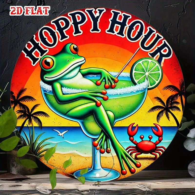 D Flat Happy Hour Metal Sign Vintage Tropical Frog Cocktail Drink Wall Art Retro Beach Bar Decor Tin Poster Cafe Pub Home Garde 20x20cm(8x8inch)