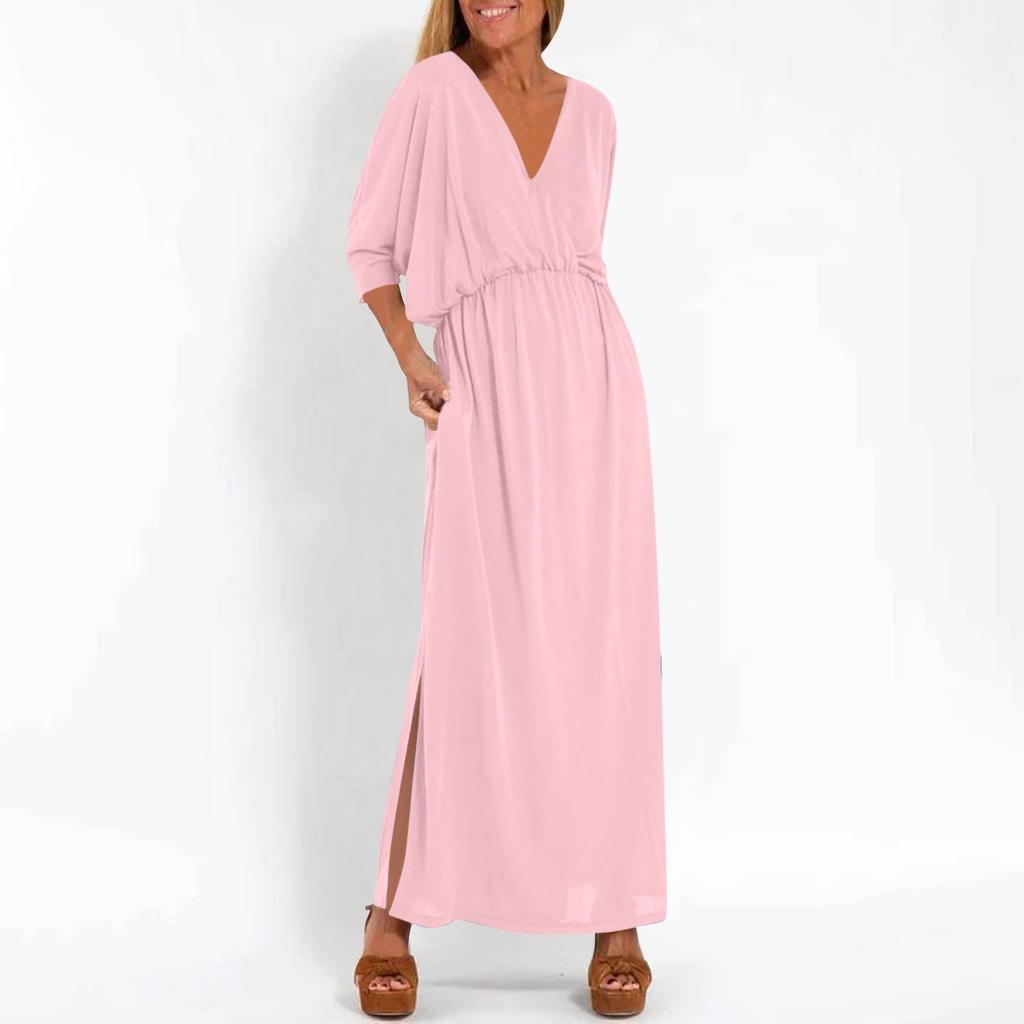 Women's Fashionable Color High Waist Split V-neck Dress
