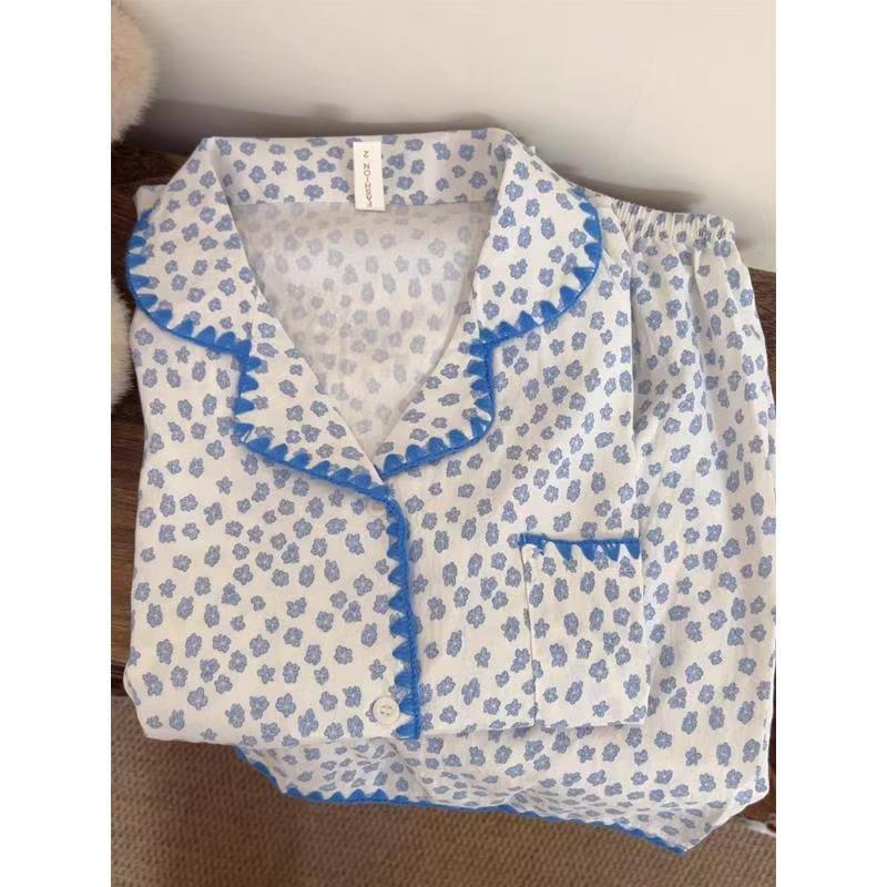 

Korean full-printed small blue flower pajamas women s summer short-sleeved shorts lace two-piece set student dormitory loungewear XXL
