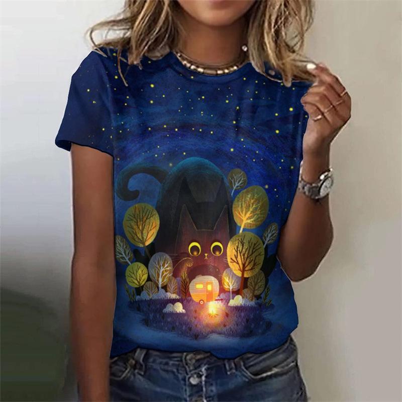 Women's T-shirt Casual 3D Printed Top Night Cat Cartoon T-shirt T-shirt
