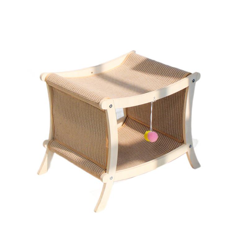 Two-Story Cat Bed with Rattan Mat, Sisal Scratching Post & Solid Wood Frame