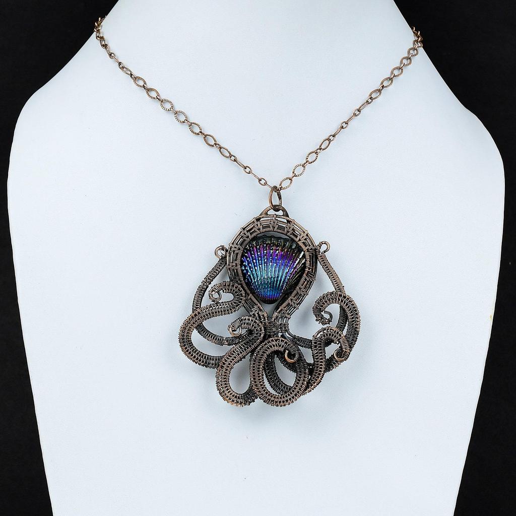 Titanium Coated Shell Pendant Copper Wire Wrapped Gemstone Pendant Octopus Pendant Handmade Band New Pendant Copper Jewelry Engagement Gifts