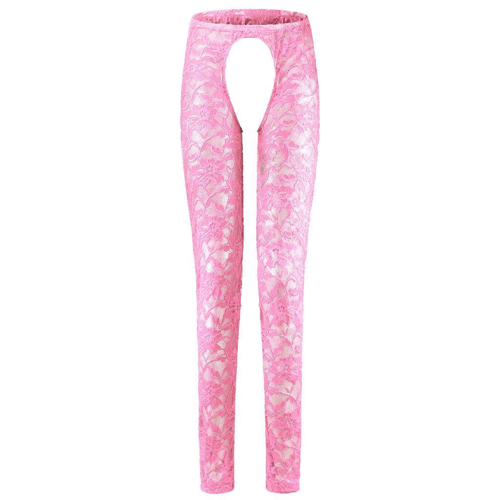 Sissy Lingerie See Through Floral Lace Open Crotch Long Pants Men Low Rise Bottoms Lounge Tight Stretchy Trousers Sleepwear