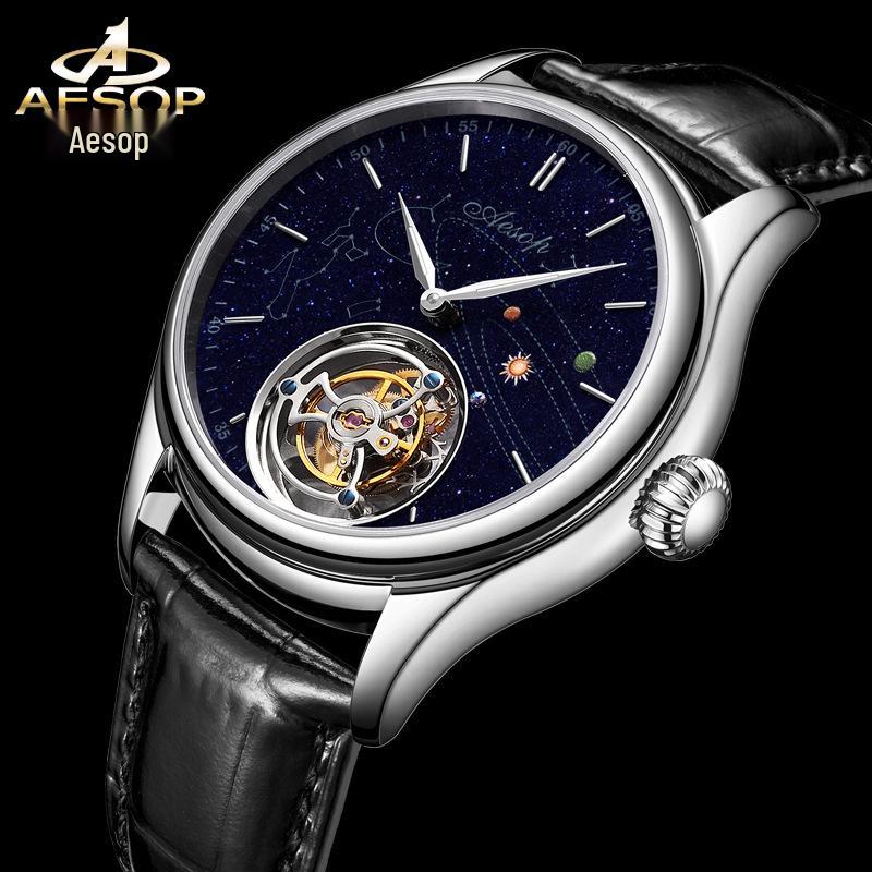 

Swiss Men s High-End Mechanical Skeleton Leather Belt Watch - Waterproof Tourbillon чорний