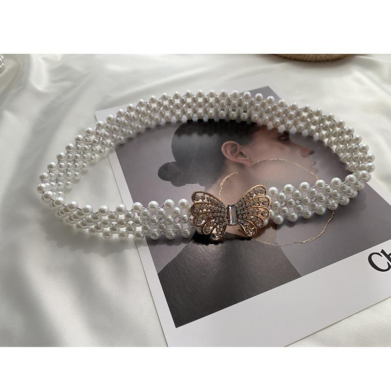 Pearl Waist Chain Ladies Belt Fashion Dress Decorative Rhinestone Elastic Beaded Elastic Waist Seal