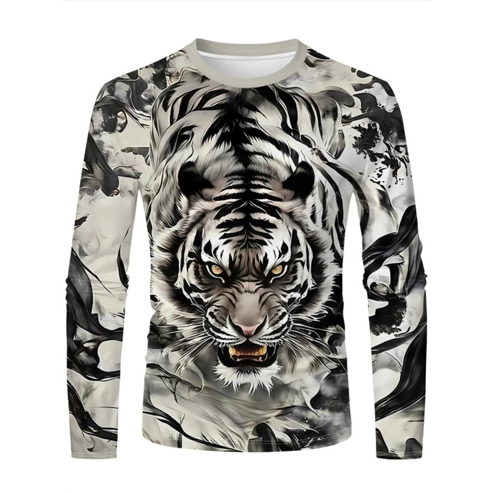 3D printed long-sleeved T-shirt, ink style, tiger, simple and versatile, casual and fashionable, comfortable and breathable