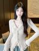 Women's Autumn Winter Frayed Edge V-Neck Sweater: Slimming, Flattering Niche Knitwear Cardigan