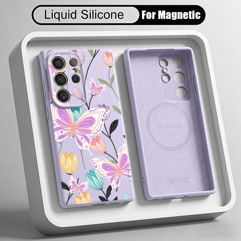 Luxury Butterfly Print Case For Samsung Galaxy S26 S25 Ultra S24 Plus S23 S22 Ultra Magnetic For Magsafe Liquid Silicone Cover