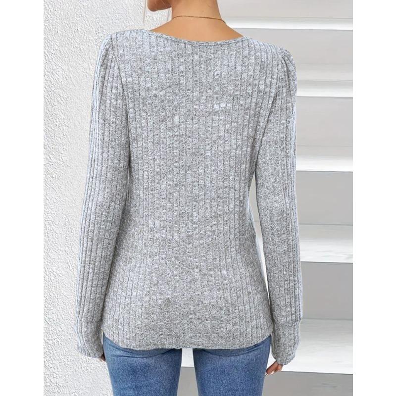 Autumn Winter Solid Color Round Neck Button Long Sleeved Loose T-shirt Top for Women Shirt