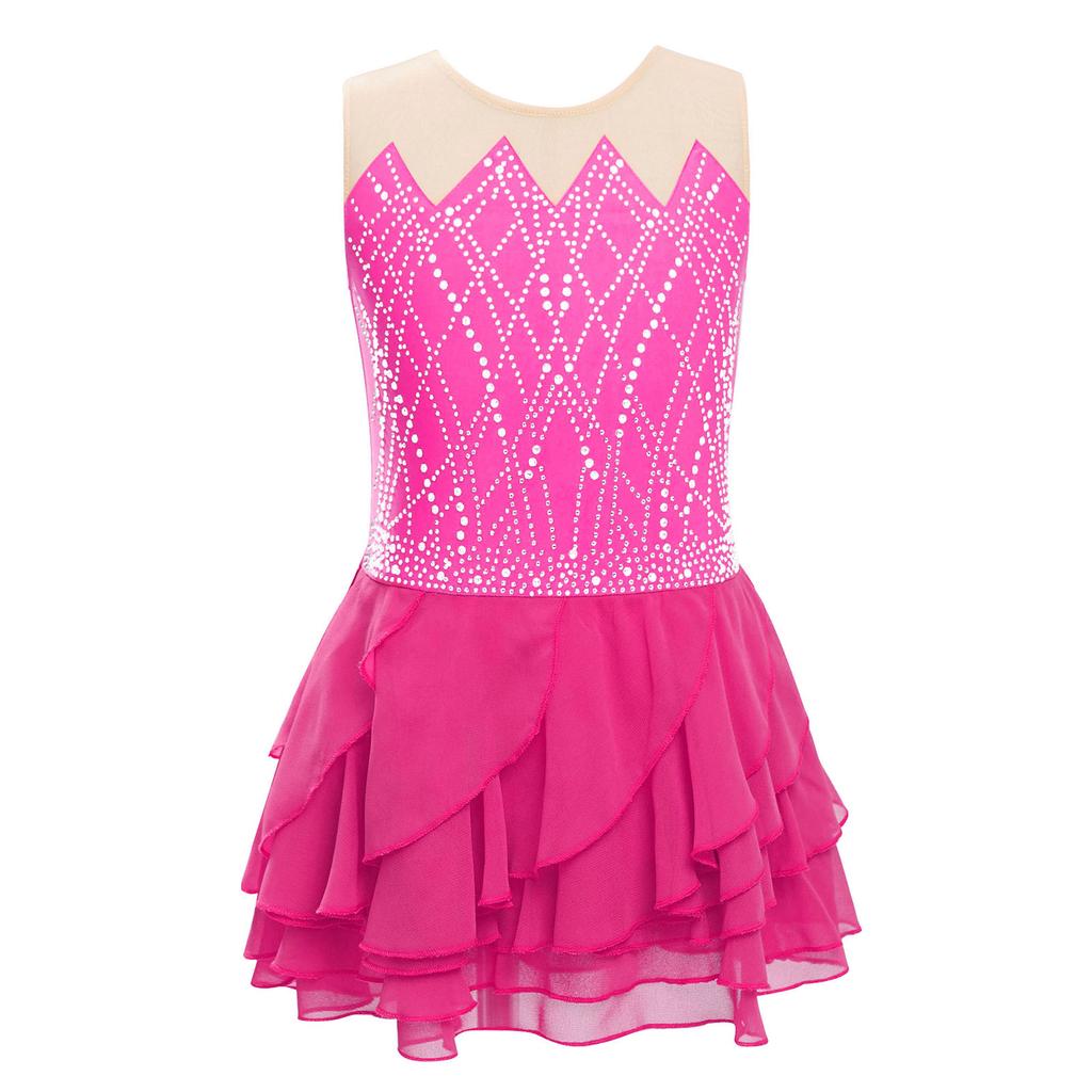 Rochie Patinaj Artistic Fete Gât Rotund Fără Mâneci Strassuri Strălucitoare Fustă Volanată Stratificată Costum de Dans pentru Competiție