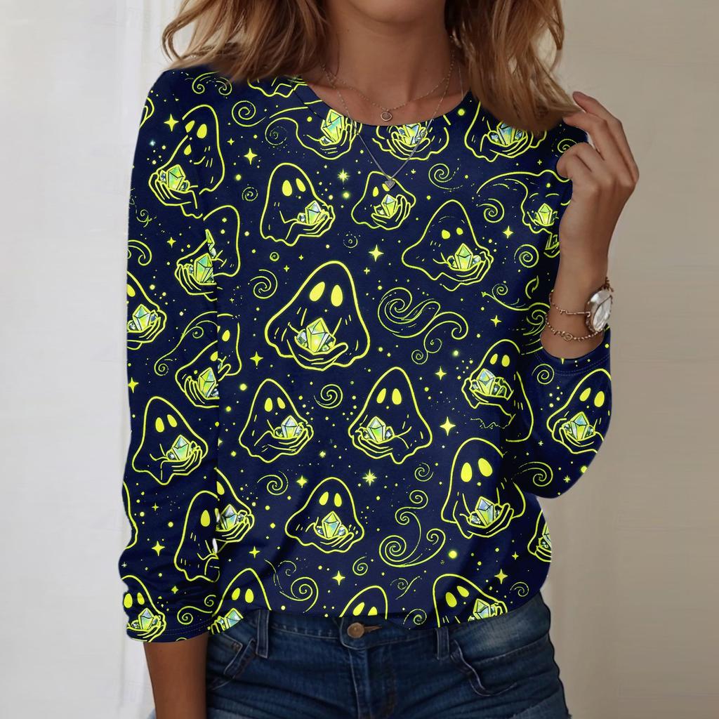 Women's Long Sleeve Casual Pullover Sweatshirt Halloween Printed Crewneck Top Lightweight Comfortable Fit for Everyday Wear
