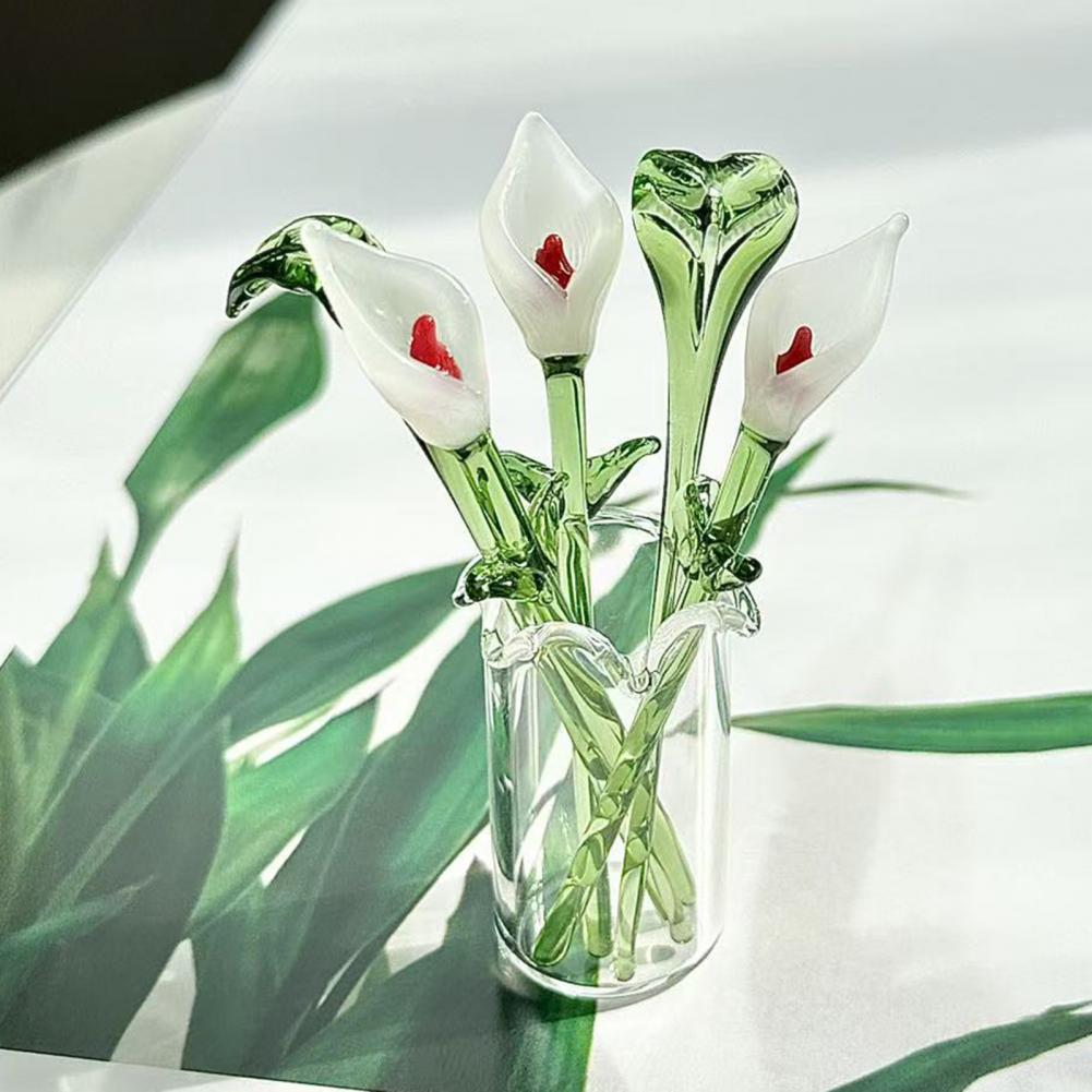 Glass Flower Decorations Mini Glass Flowers Handcrafted Glass Calla Lily Figurine Hand-blown Mini Flower Ornament for Home