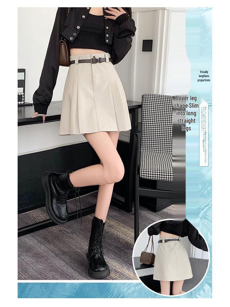 High-Waisted Black Leather A-Line Pleated Mini Skirt - Women's Spring/Autumn Fashion, Petite