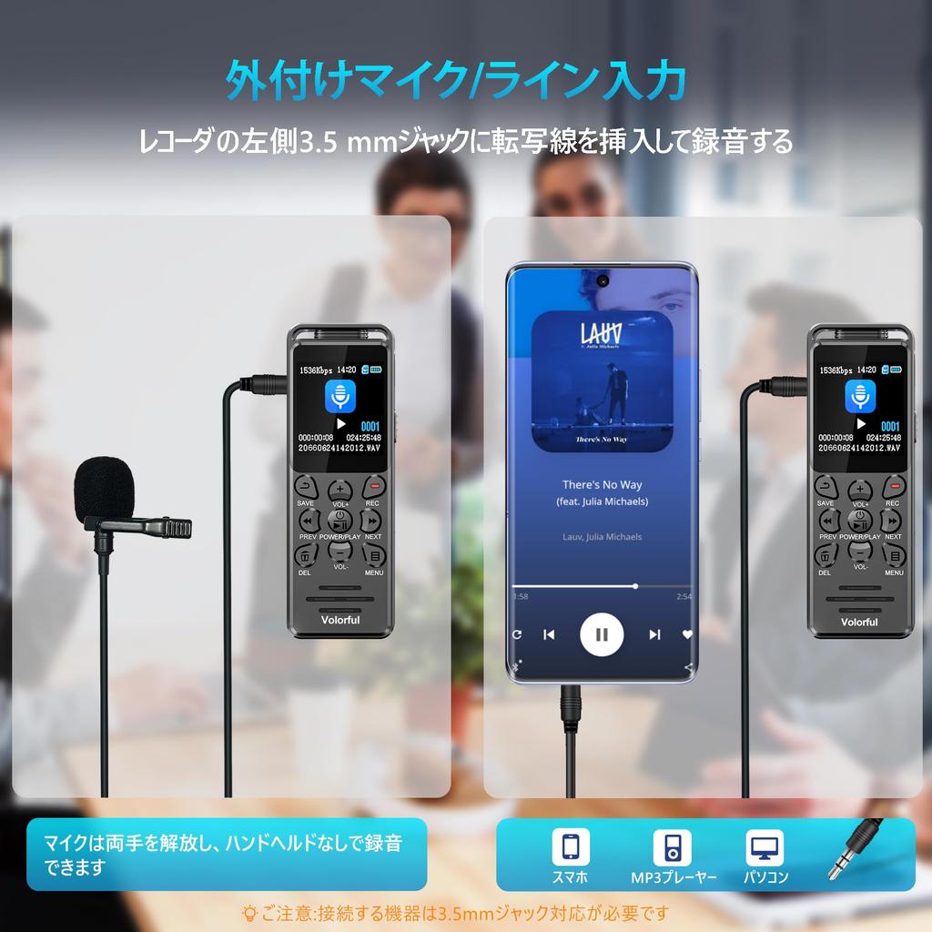 Volorful Voice 80GB Large 70 Hours Continuous IC Recording SD Card VOR Speed Password External Microphone for Japanese Instruction Black Recorder,
