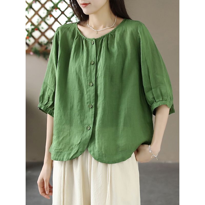 Hem künstlerisch Fünf-Viertel-Ärmel Sommer Temperament Locker Schlankmachend Lässig Rundhals-Hemd Einreihig Einfarbig