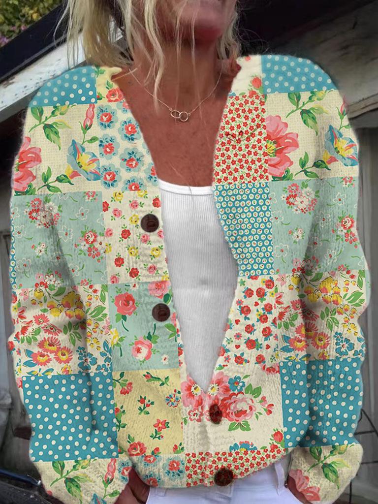 Women's Loose Fit 3D Print Round Neck Long Sleeve Cardigan Sweater