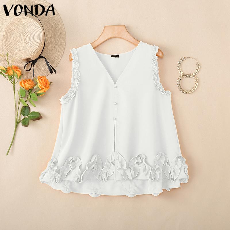 

VONDA Women V Neck Casual Sleeveless Ruffled Hem Tank Tops 5XL белый