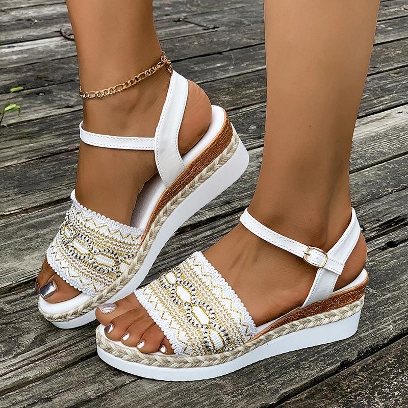 Fashion Plus Size Wedges Bohemian Sandals for Women Summer 2025 Platform Thick Bottom Sandles Woman Embroidery Lightweight Rome Sandals