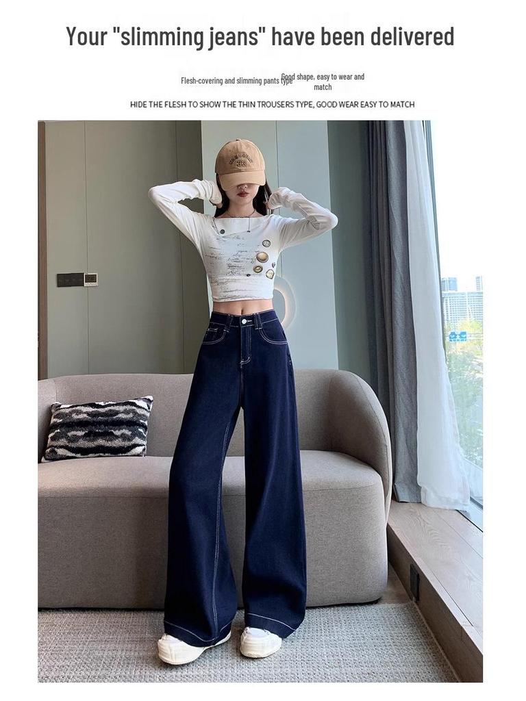 Women's High-Waist Straight-Leg Jeans with Leather Patch - Blue Wide-Leg, Floor-Length Denim for Autumn and Winter.
