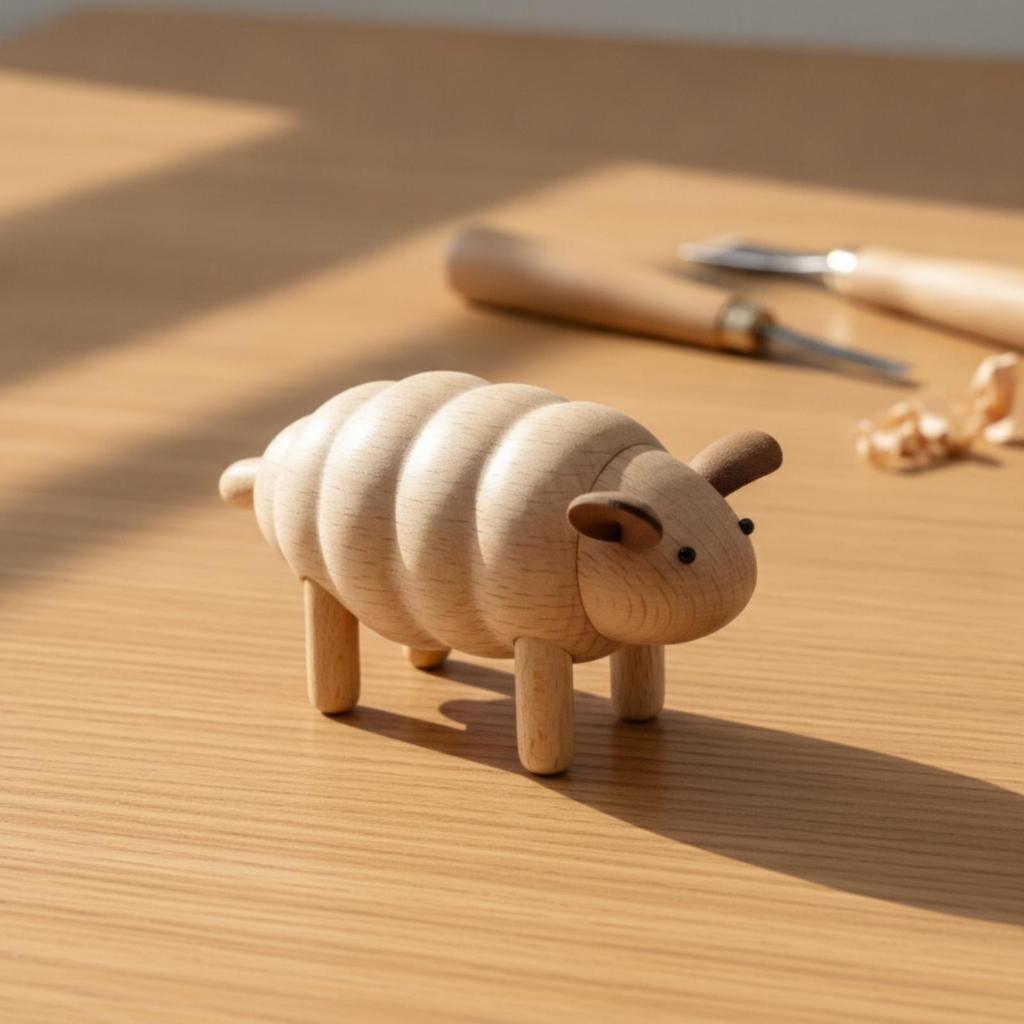 Solid Beech Wood Sheep Figurine Hand-Crafted for Mantel, Child's Room