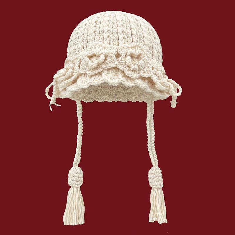 Fashion Handmade Weaving Hollow Out Beanie Hat Woman Autumn Hook Flower Korean Style Pearl Tassels Pullover Knitted Hat