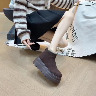 Koeienhuid versie dikke zool verhogende sneeuwschoenen dames 2026 winter nieuwe fluwelen verdikte korte laarzen warme Birkenstock katoenen schoenen