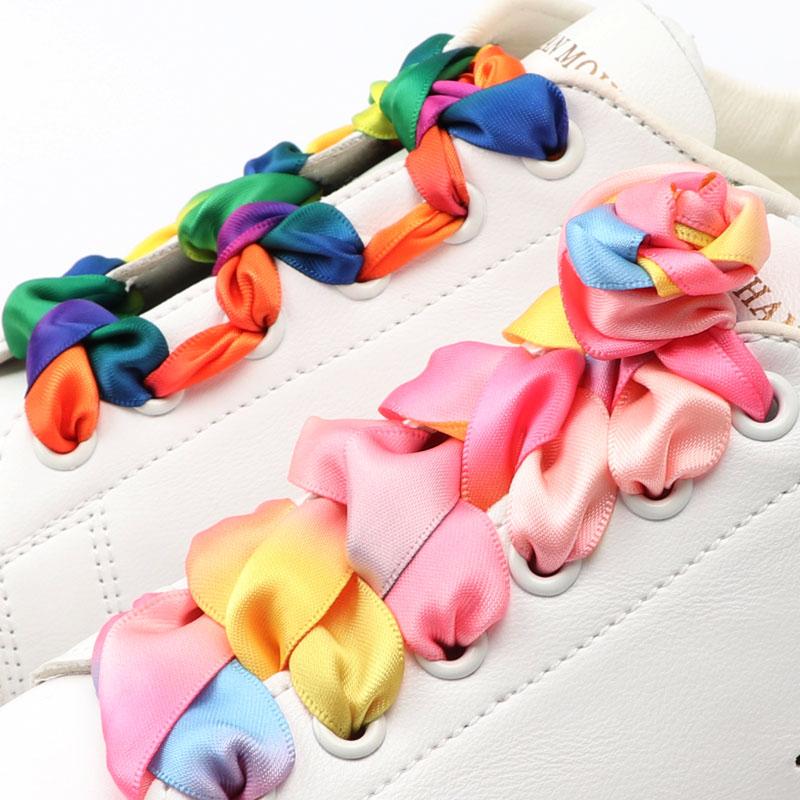 Rainbow Silk Ribbon Colorful Shoelaces Candy Gradient Satin Flat Shoe Laces Boots Women Sneakers Shoelace 2CM Width Shoestring