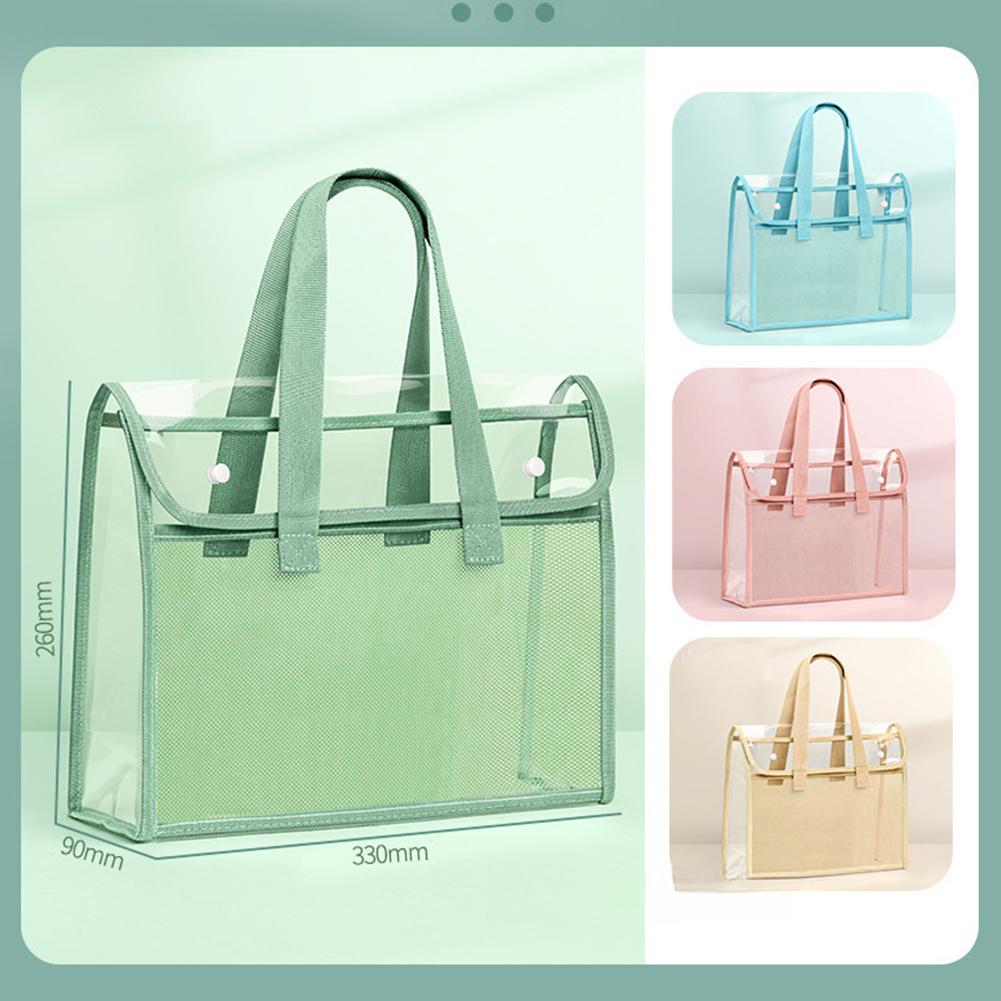 PVC Thickened Transparent Handbag Colorful Storage Bag Large Capacity Waterproof Portable Handbag File Pocket Students Office Supplies