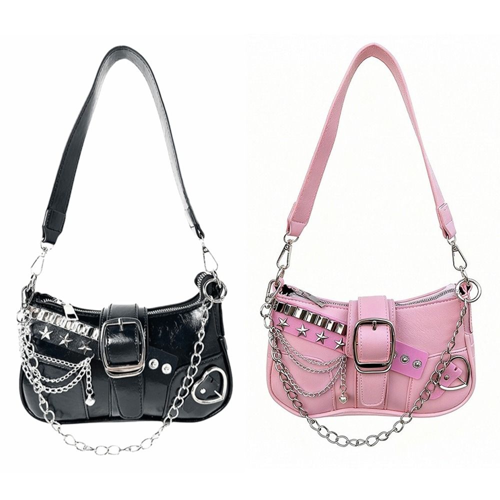 Vintage Y2K Schultertasche PU-Leder Silberne Kette Unterarmtasche Pendler Handtasche Damen