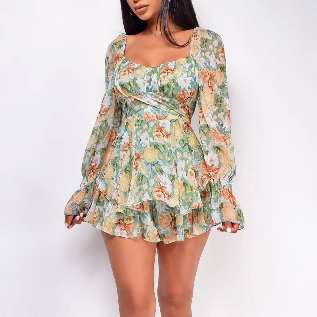Fragmented Digital Printed Women's Collar, Zipper Strap, Long Sleeved Jumpsuit, European And American Fashion Shorts