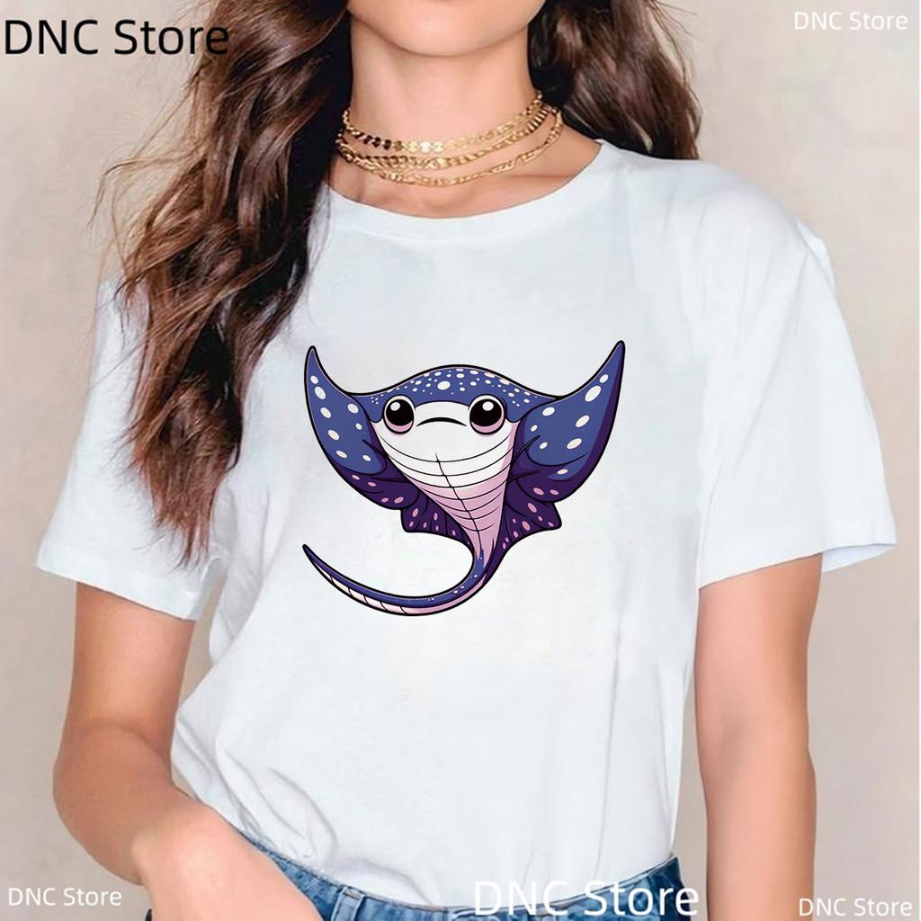 New Women Shark T Shirt Watercolor Shark Shirts,Manta Ray, Marine Creatures, Whale Print Tshirt,Summer Beach Vacation Tshirt Top