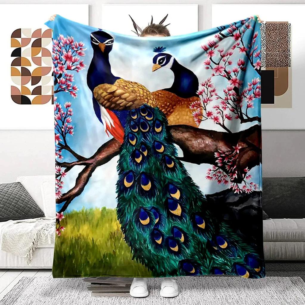Colorful Peacock Picture Digitalprinted Polyester Bedroom Velvet Flannel Cover Blanket Fleece Soft Sofa Cover Blankets for Beds