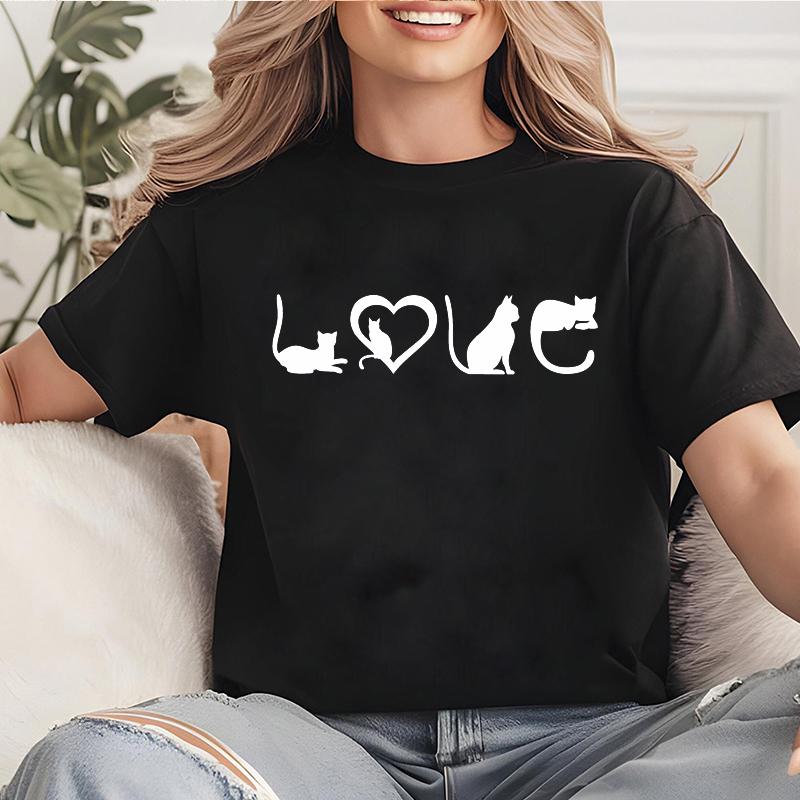 Damen-T-Shirt mit schwarzem Katzenmotiv und Mama-Motiv – modisches Kurzarm-T-Shirt mit Rundhalsausschnitt für Katzenliebhaberinnen zu Weihnachten