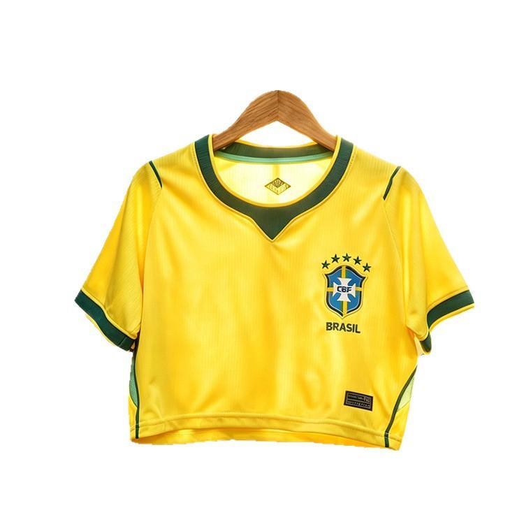 Maglia da Casa Brasile Crop Top Donna Estate Casual Manica Corta Fan di Calcio