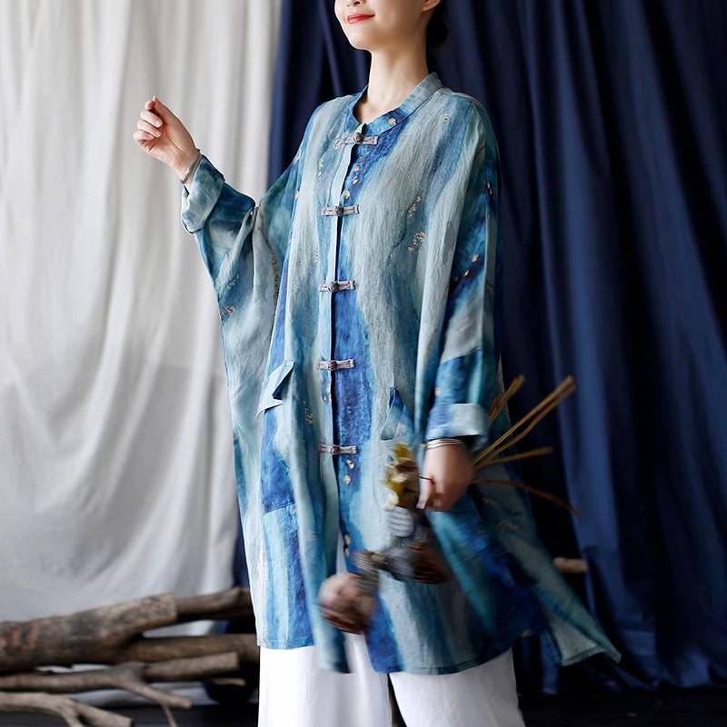 Women's Ethnic Print Retro Stand Collar Midi Shirt with Frog Button, Sun Protection, Loose Fit, Plus Size Outerwear.