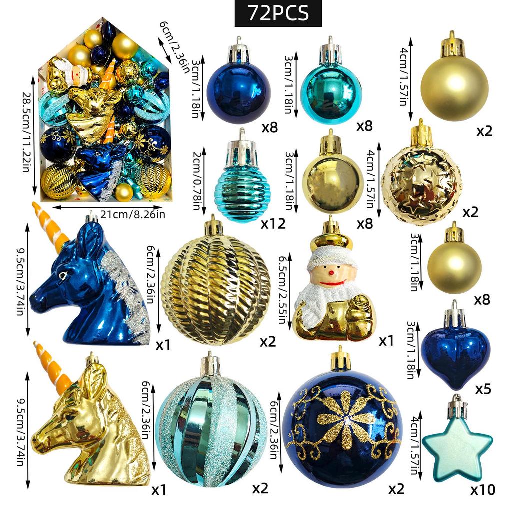 72-Piece Christmas Tree Decorations Set: Houses, Gift Boxes, Snowmen, Sleigh, and Painted Plastic Ornaments