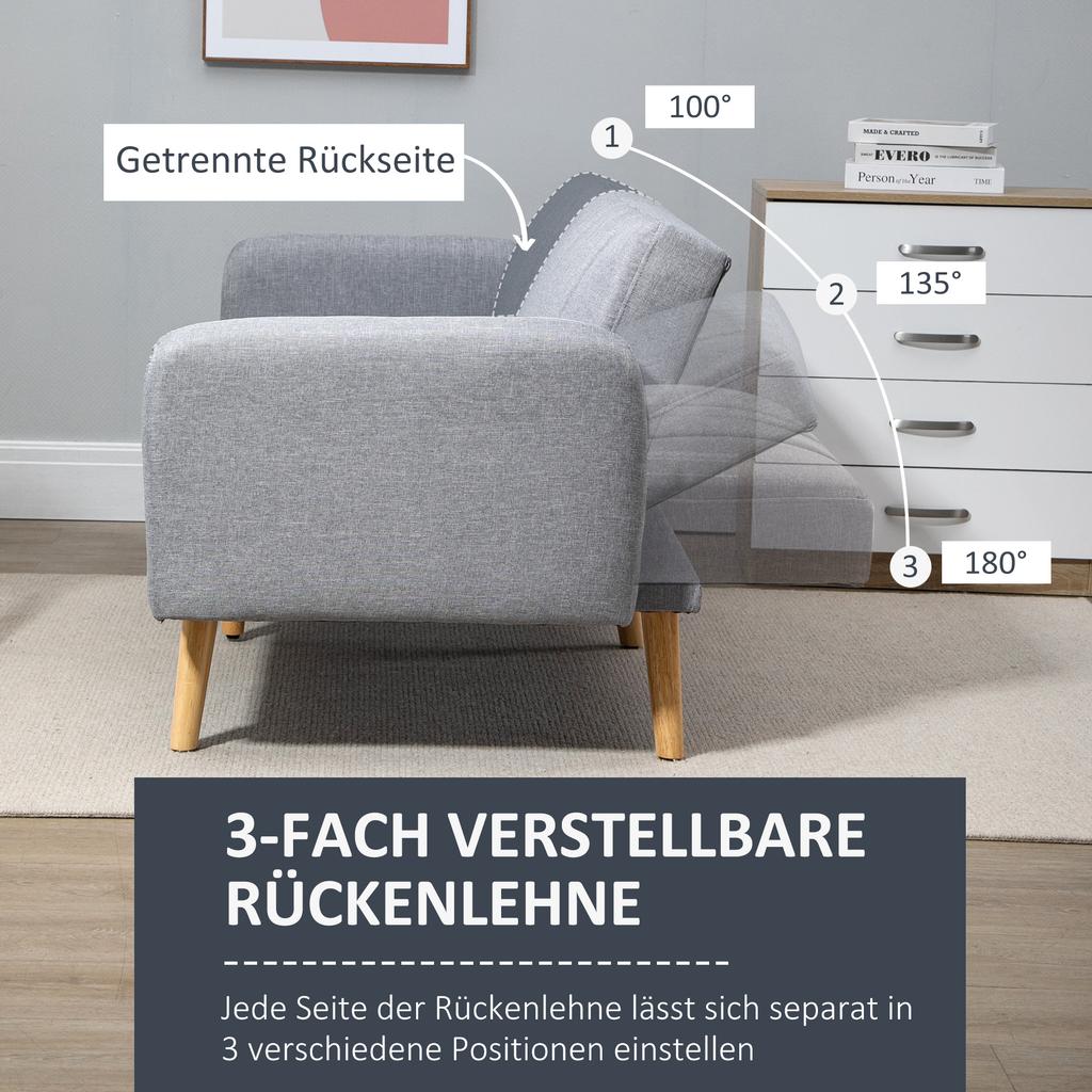 Sofa Bed 2 Seater Fabric Sofa Sofa With Sleeping Function Linen Like Polyester Rubber Wood 173 X 75 X 73 Cm Gray