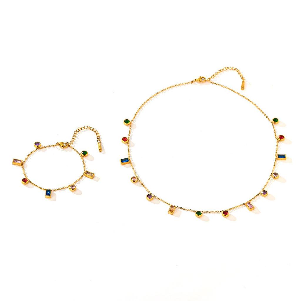 Titanium Steel Multicolor Zirconia Necklace & Bracelet Set - Elegant, Fashionable, and Versatile