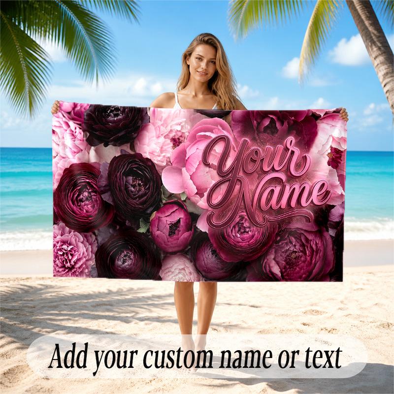 Floral Garden Theme Quick Dry Beach Towel Custom Name Text Print Large Sand Resistant Towel Beach Vacation