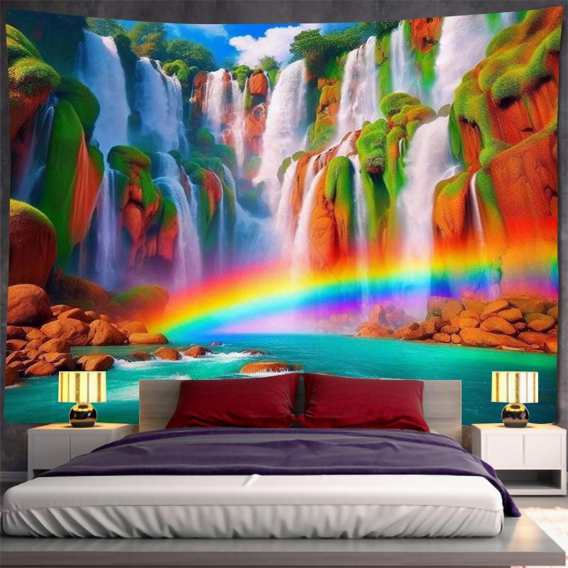 Nature Landscape Wall Tapestry Waterfall And Deer Art Sunny Forest Design Boho Decor For Living Room And Bedroom