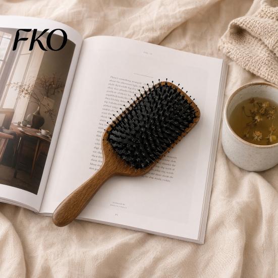Tangle Remover Brush Air Cushion Hair with Wooden Handle, Gentle Scalp Massage Boar Hairbrush Bristles Brush, Anti-static Detangling Paddle